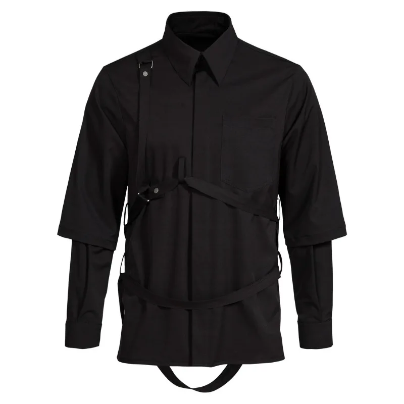 Trend Versatile Fashion Men's Fake Two-piece Men's Shirt Strap Strap Strap Bundled Double Sleeve Jacket