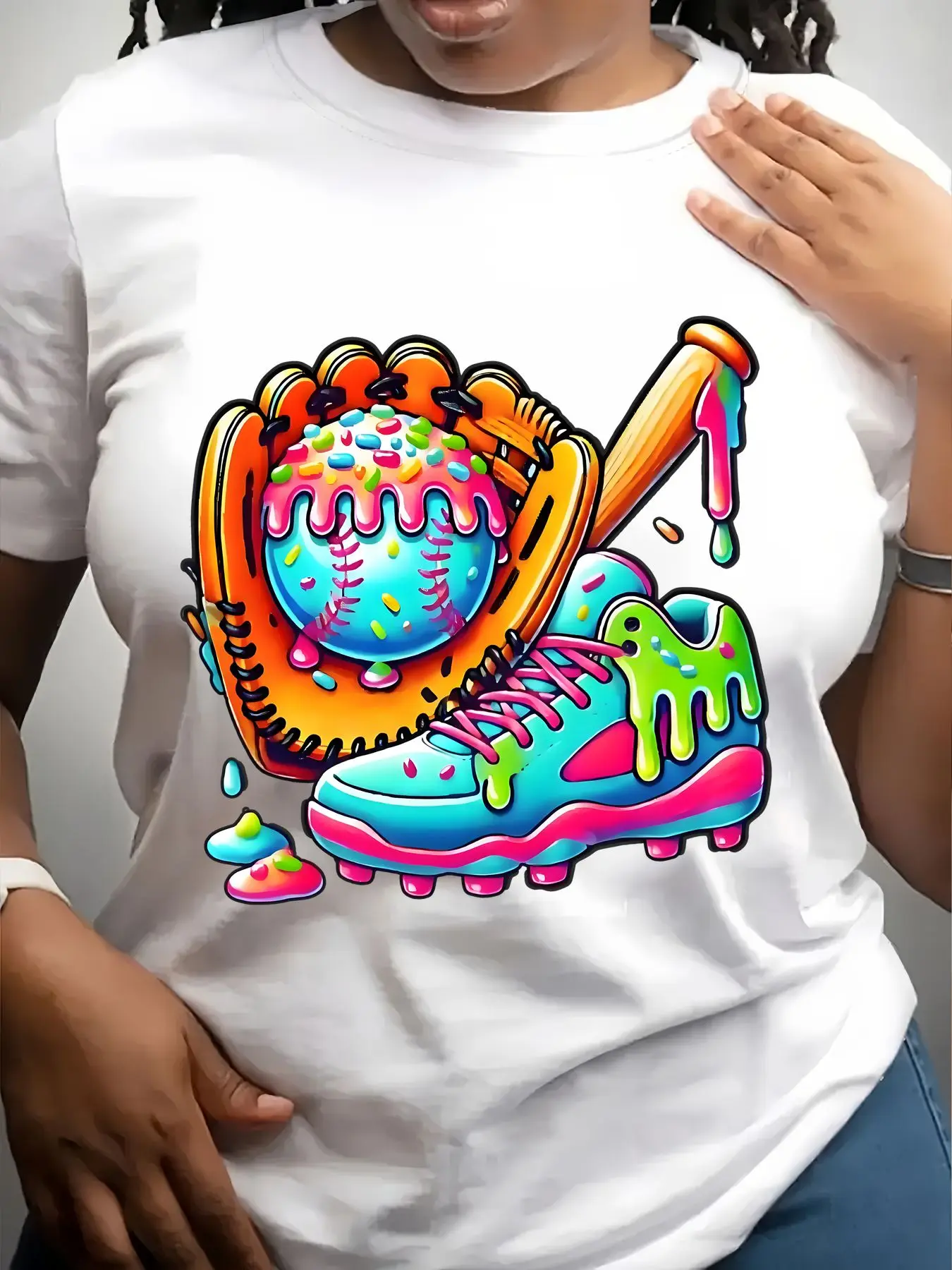 Women's Trendy Crew Neck T-Shirt Colorful Baseball Glove Bat Shoe Suitable for Casual Sportswear