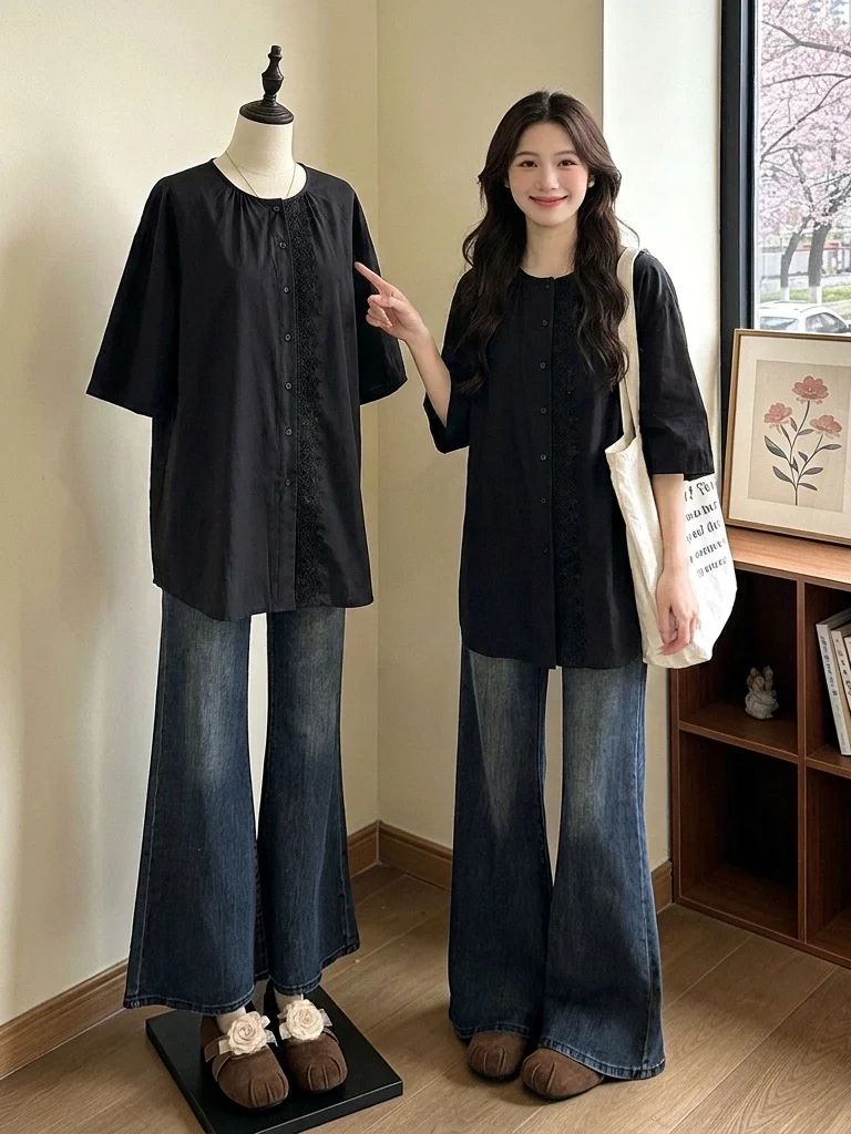 

Slim Fit Black Lace Trim Short Sleeve Shirt Women's Summer New Style plus Size Conceal Belly Top Korean Version Commute Wind