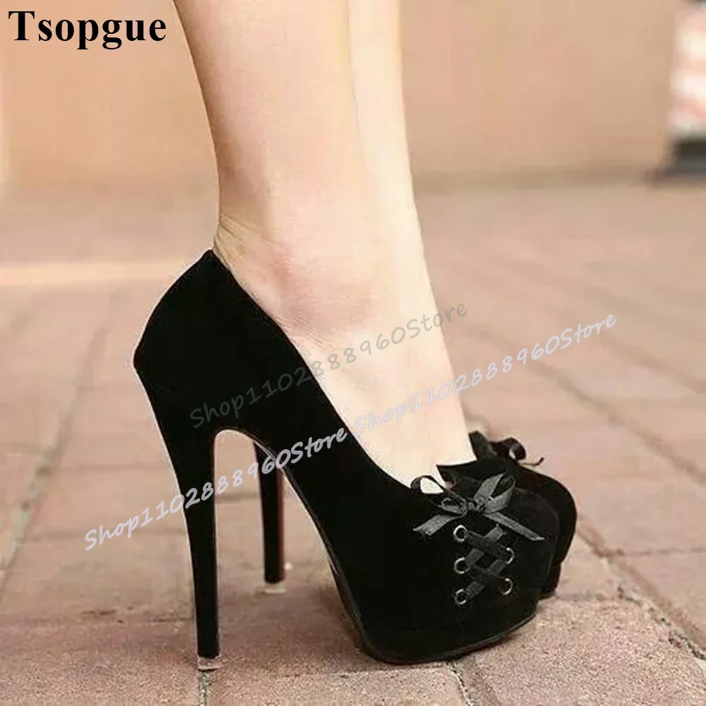 

Black Flock Platform Cross Tied Shallow Pumps Thin High Heel Women Shoes Slip On Round Toe Party Gorgeous Casual Women Pumps