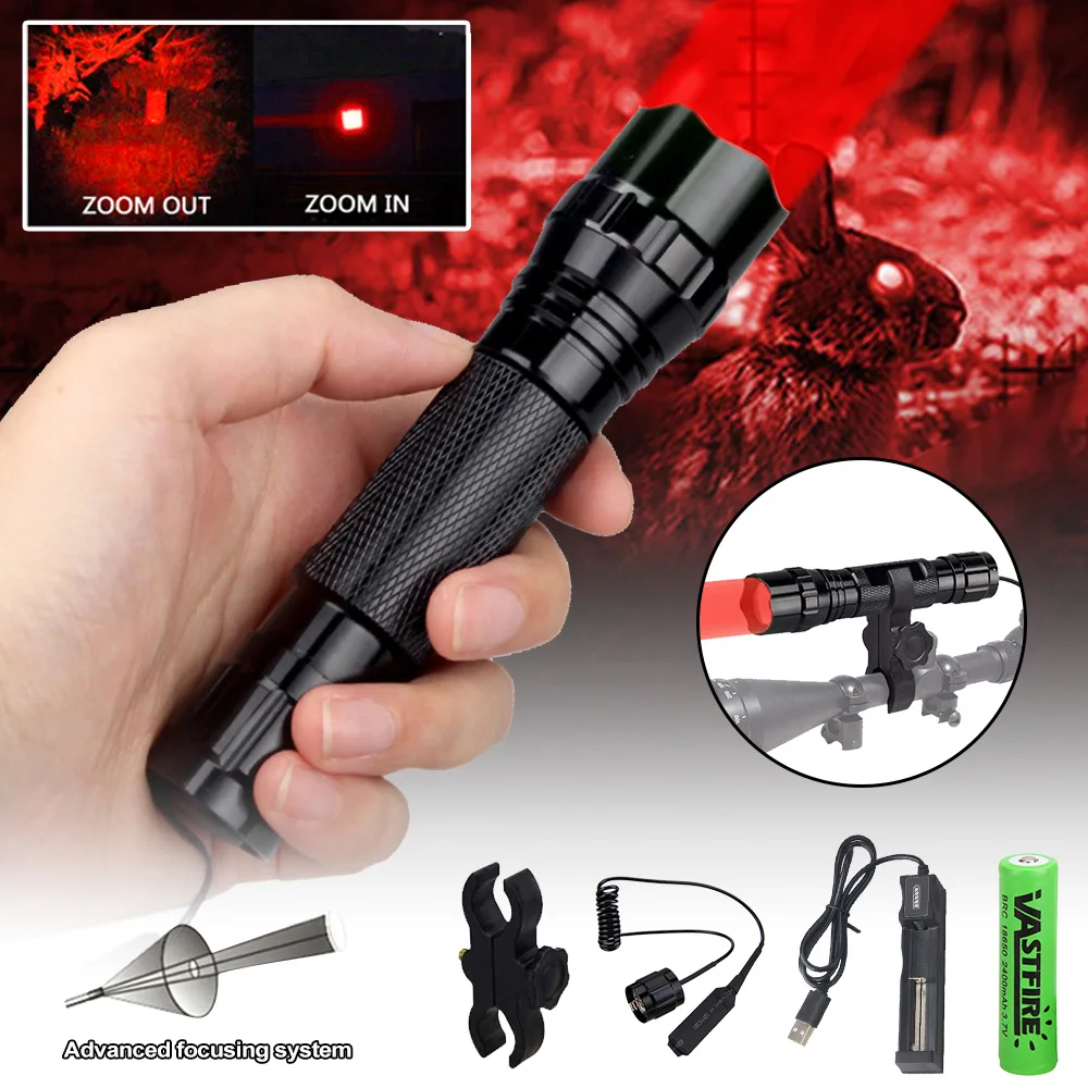 300 Yards Zoomable Red Flashlight Predator Professional Night Hunting Varmint Hog Torch Tactical 1-Mode Waterproof Lantern