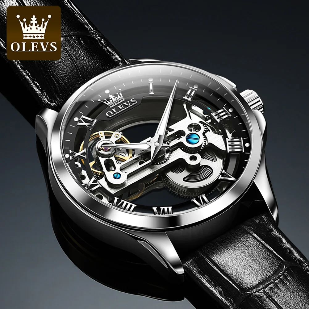 OLEVS Skeleton Automatic Mechanical Watch Men Leather Strap Luminous Waterproof Luxury Business Wristwatch For Man 6661
