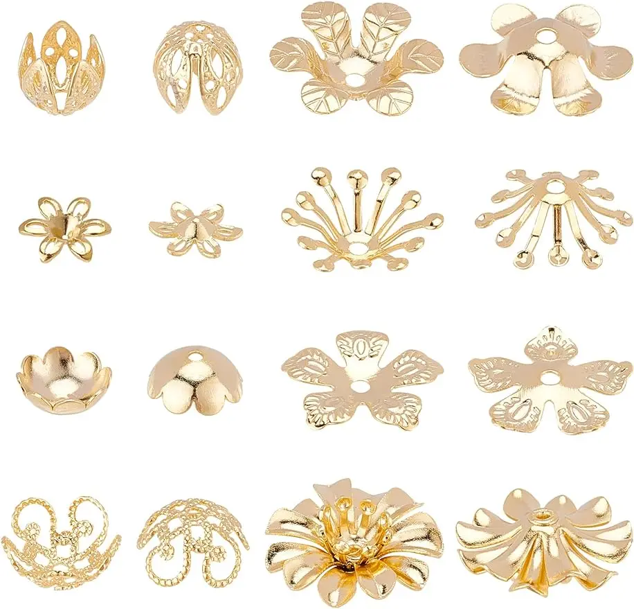 

Bead Caps 48pcs 8Styles Real 24K Gold Plated Brass Flower Shaped End Caps Metal Filigree Flower Cap for Earring Bracelet