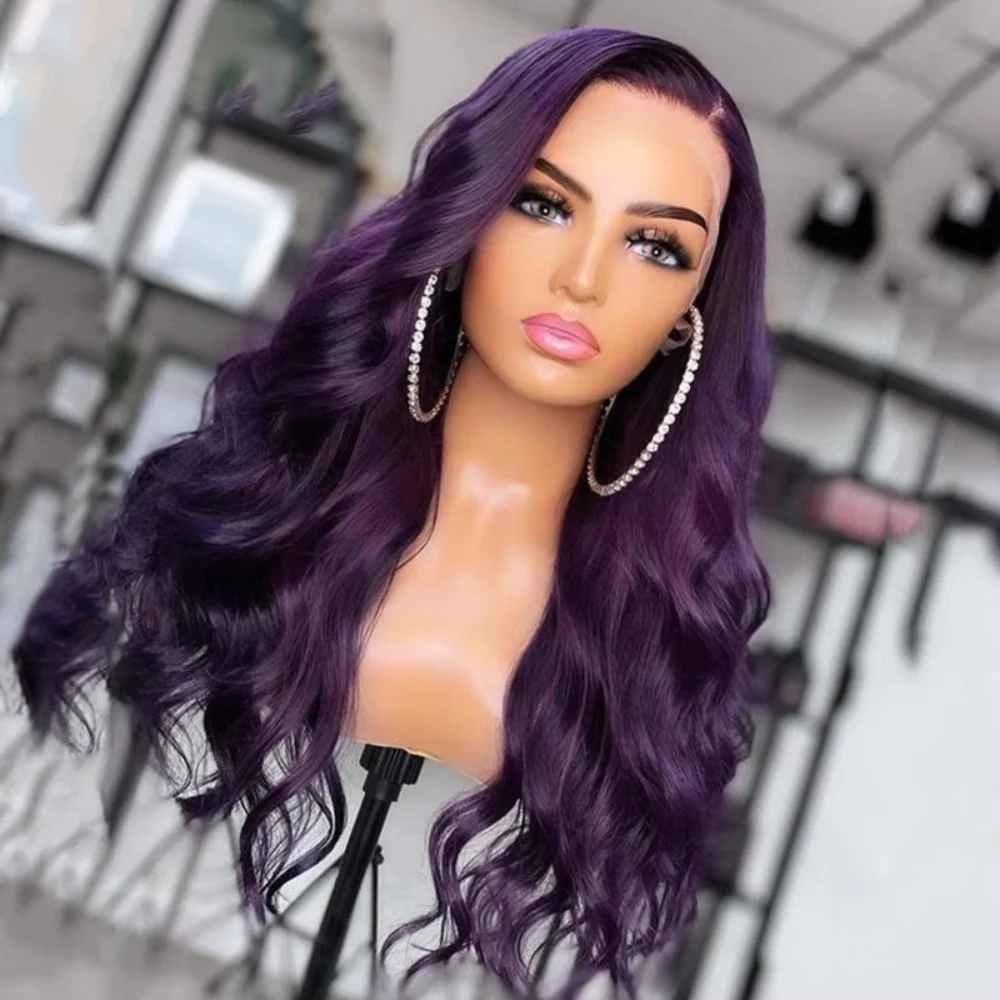 QW Synthetisch haar Diep Paarse Kleur Body Wave Zacht 13X4 Kanten Voorkant Pruik Voor Vrouwen Haar Hittebestendige Vezel Cosplay Dagelijks