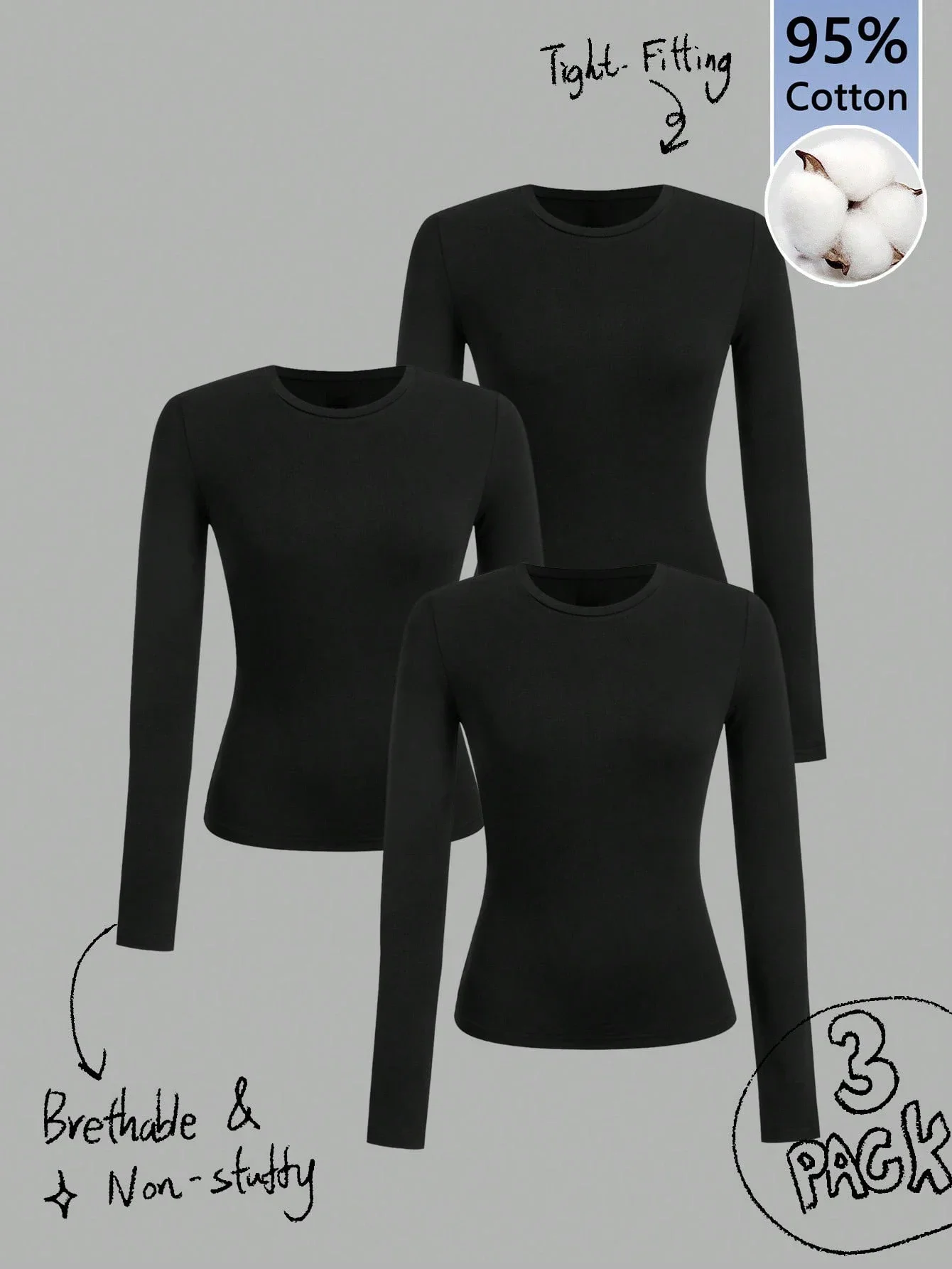 

Three piece women's casual slim fit long sleeved T-shirt set