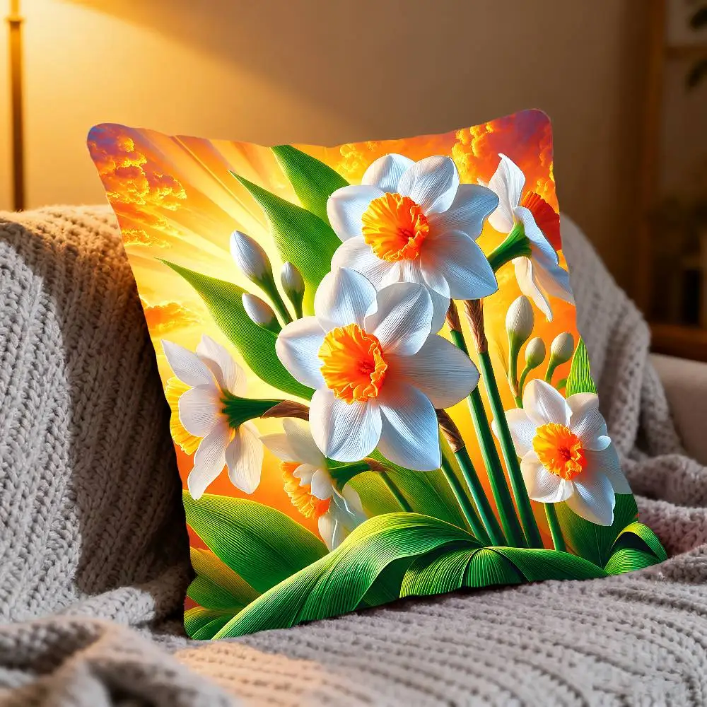 Featuring Blooming Daffodils Pillow Case Throw r Nordic Vintage Style Cushion Covers Home Living Room Sofa Couch Seat Decor
