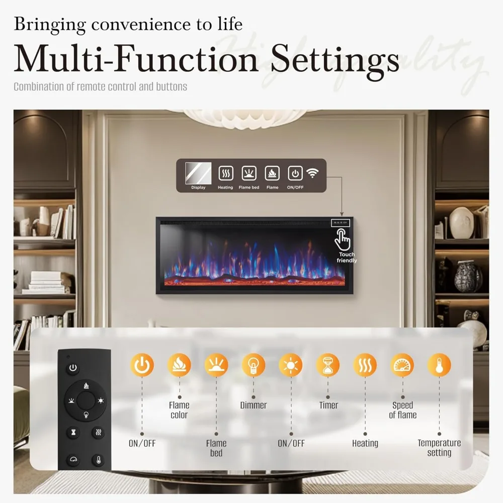 Electric Fireplace  Wall Mounted with Remote Control, Recessed Fire Place Heater Ultra Thin Slim for Indoor Use