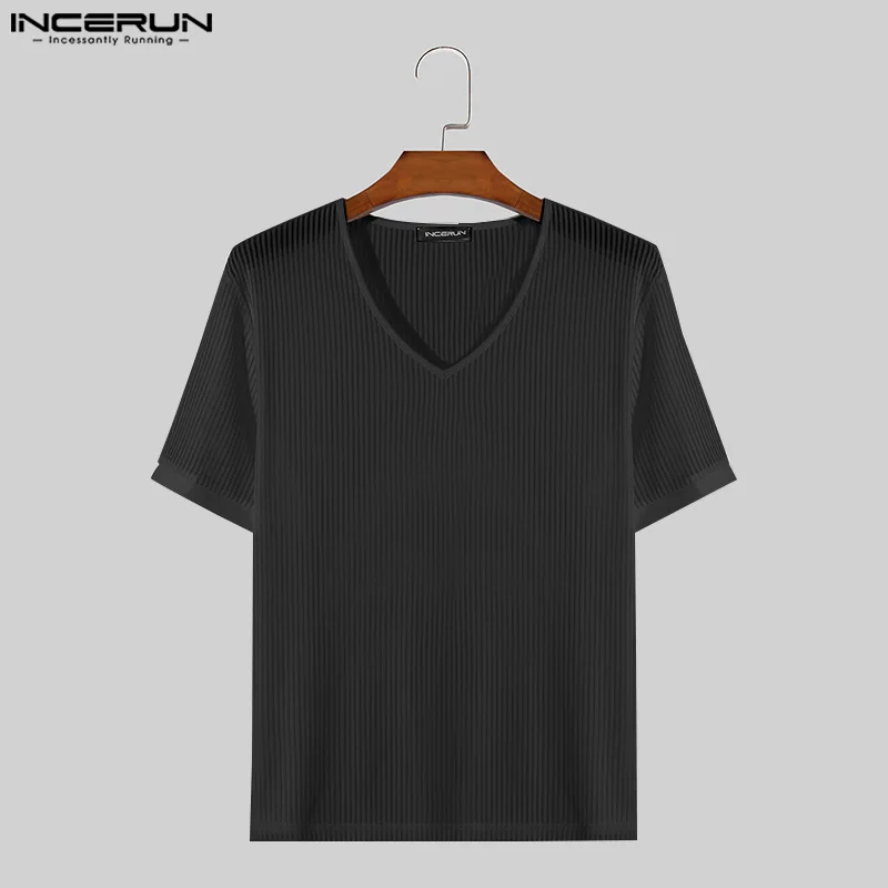 Incerun Tops 2024 Koreaanse Stijl Stijlvolle Mannen Licht Doorzichtige V-Hals Gestreepte T-Shirts Heren Casual Korte Mouwen Hemdje S-5XL