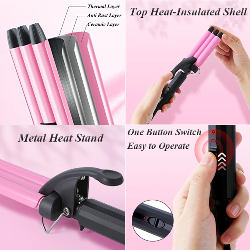 Tripple Barrels Hair Curler 0.5 inch Ceramic Curling Iron 200°C Instant Heating Small Curls Styler