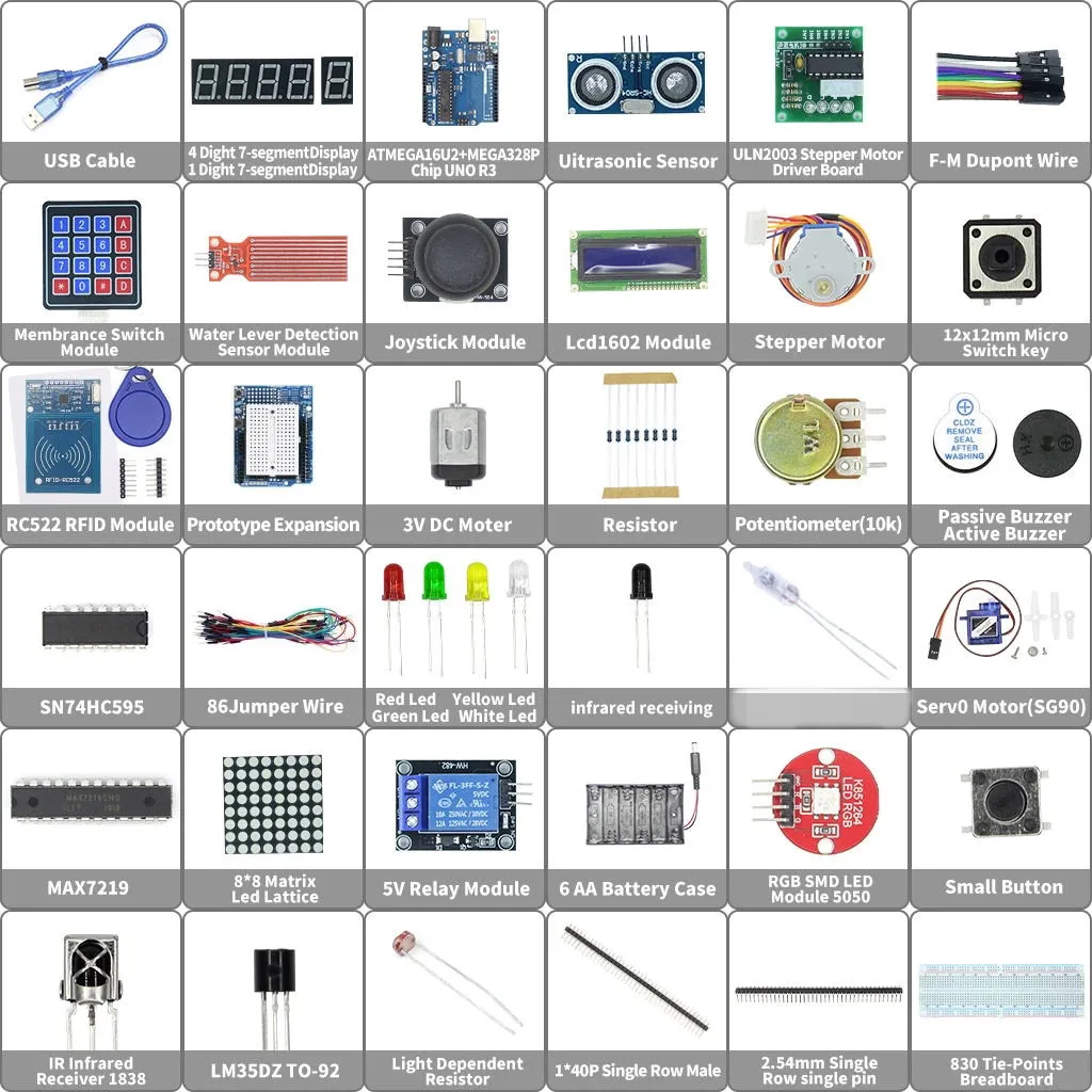 Starter Kit for Arduino Uno R3 - Uno R3 Breadboard and holder Step Motor / Servo /1602 LCD / jumper Wire/ UNO R3