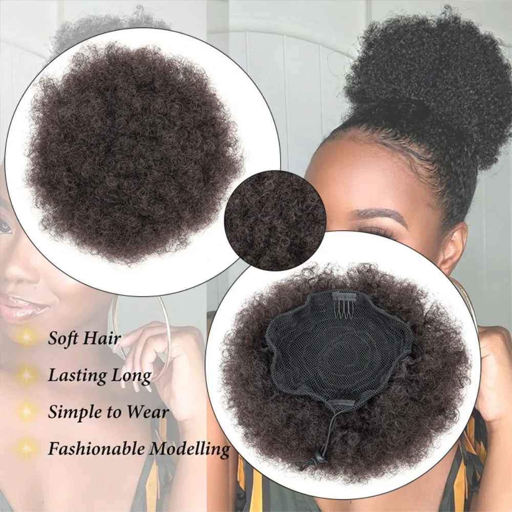 Afro Puff Drawstring Ponytail Synthetic Hair Extension Black Brown Clip On Kinky Drawstring Curly Ponytail image 3