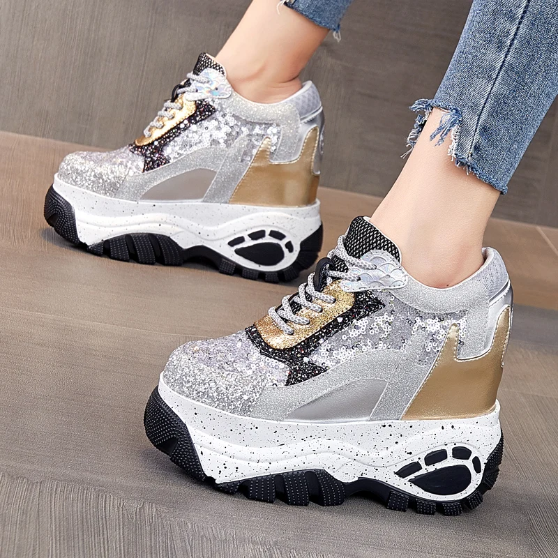 Fujin 12.5cm New Synthetic Women High Brand Designer Shoes Ladies Vulcanize Autumn Spring Mixed Color Bling Breathable Sneakers