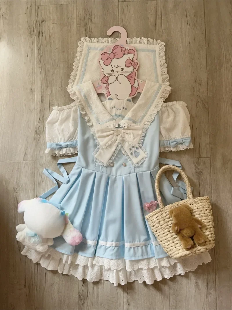 Robe Amincissante en Dentelle avec Nministériels d à la Taille et Manches Bulles, Vêtement Éducatif de Style Japonais Original Rojita, Col Bleu Marine Doux et Mignon