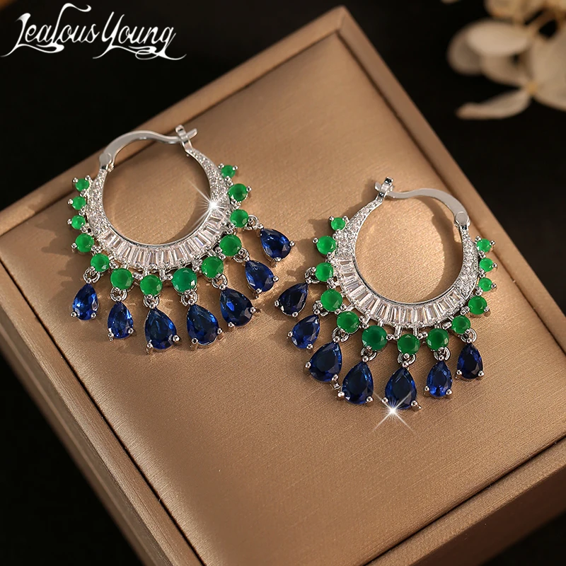 Multicolor Blue and Green AAA Ziron Dangle Earrings Water Tassel Hoop Sumptuous Earring Fashion Bridal Wedding Boucles