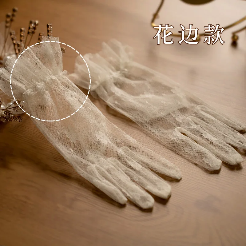 Gloves Vintage Lace Bow Short Tulle Pearl Bridal Elegant for Wedding Photo Shoot Formal Dress Premium Quality Accessory