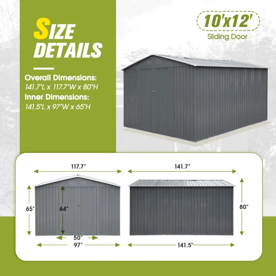 

10' x 12' Steel Outdoor Storage Shed, Galvanized Steel Metal Garden Shed with Lockable Doors, Heavy-Duty Storage Tool House for