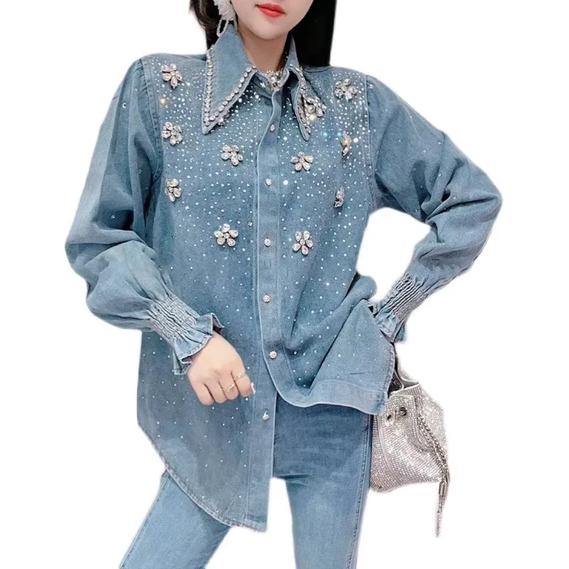 Chic Women Diamonds Beaded Flowers Denim Blouses Rhinestones Jeans Shirts Sequined Cardigan Crystal Outwear Drilling Tops Blusas