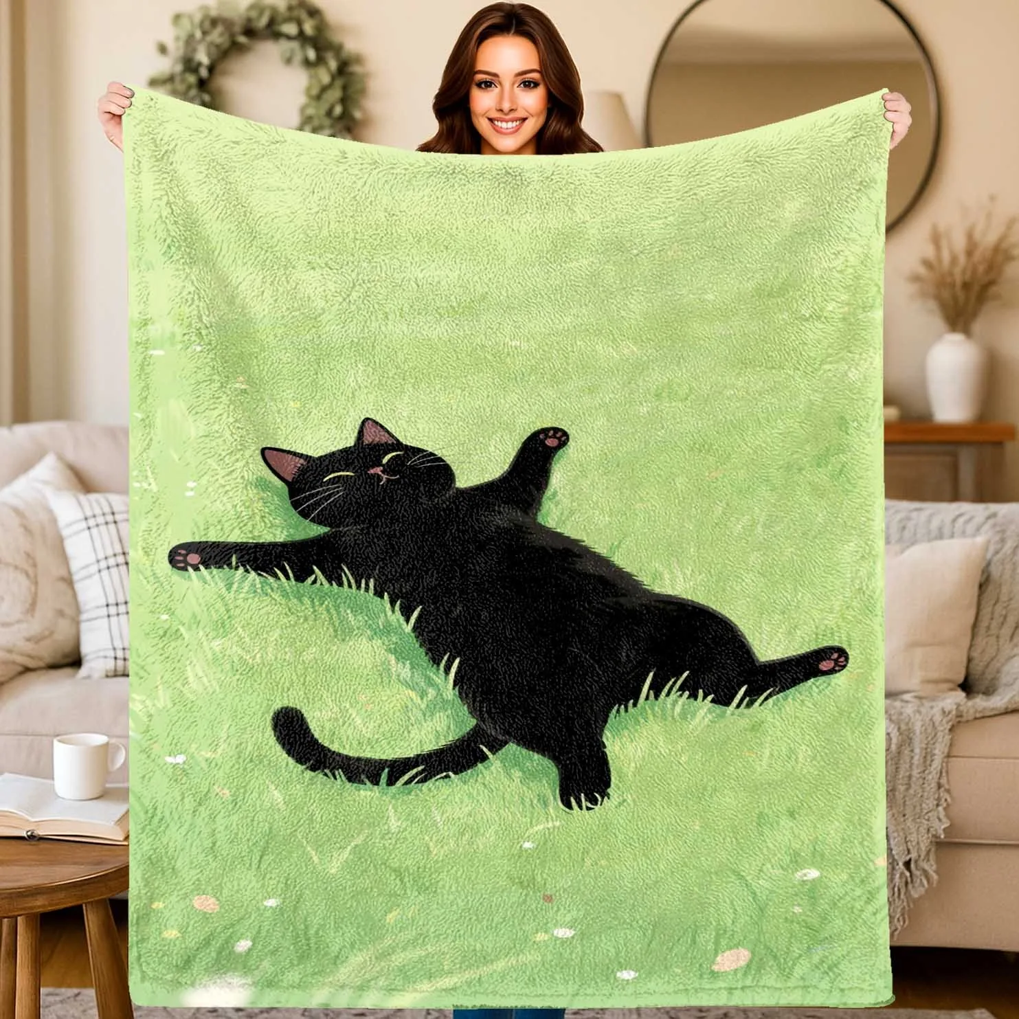 Cute Black Cat Lying on Grass Flannel Blanket Kawaii Kitten Print Soft Warm Throw Blanket for Sofa Bedroom Home Decor Multiple S