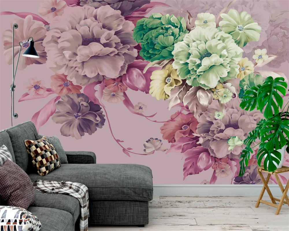 

beibehang Nordic custom fresh hand-painted papel de parede wall paper Peony flowers garden living room TV backdrop 3d wallpaper