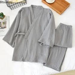 2026 Japanese Kimono Men's Solid Pajamas Two-pieces Simple Cotton Crepe Cloth Plus Size Lace-up Tops Trousers Home Service Sets
