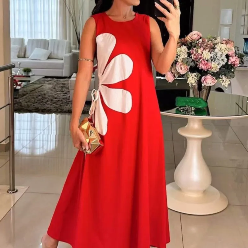 홀리데이 패션 프린트 스플라이스 ​ ​ 여성 캐주얼 라운드넥 민소매 심플 시크 원피스 2025 봄 여름 신상