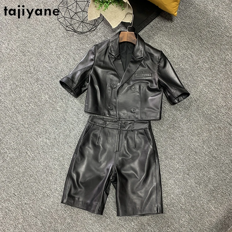 Tajiyane Fashion Autumn Genuine Leather Short Coat Women Short Sleeve Double Breasted Outwear Office Lady Sheepskin Suit Jacket