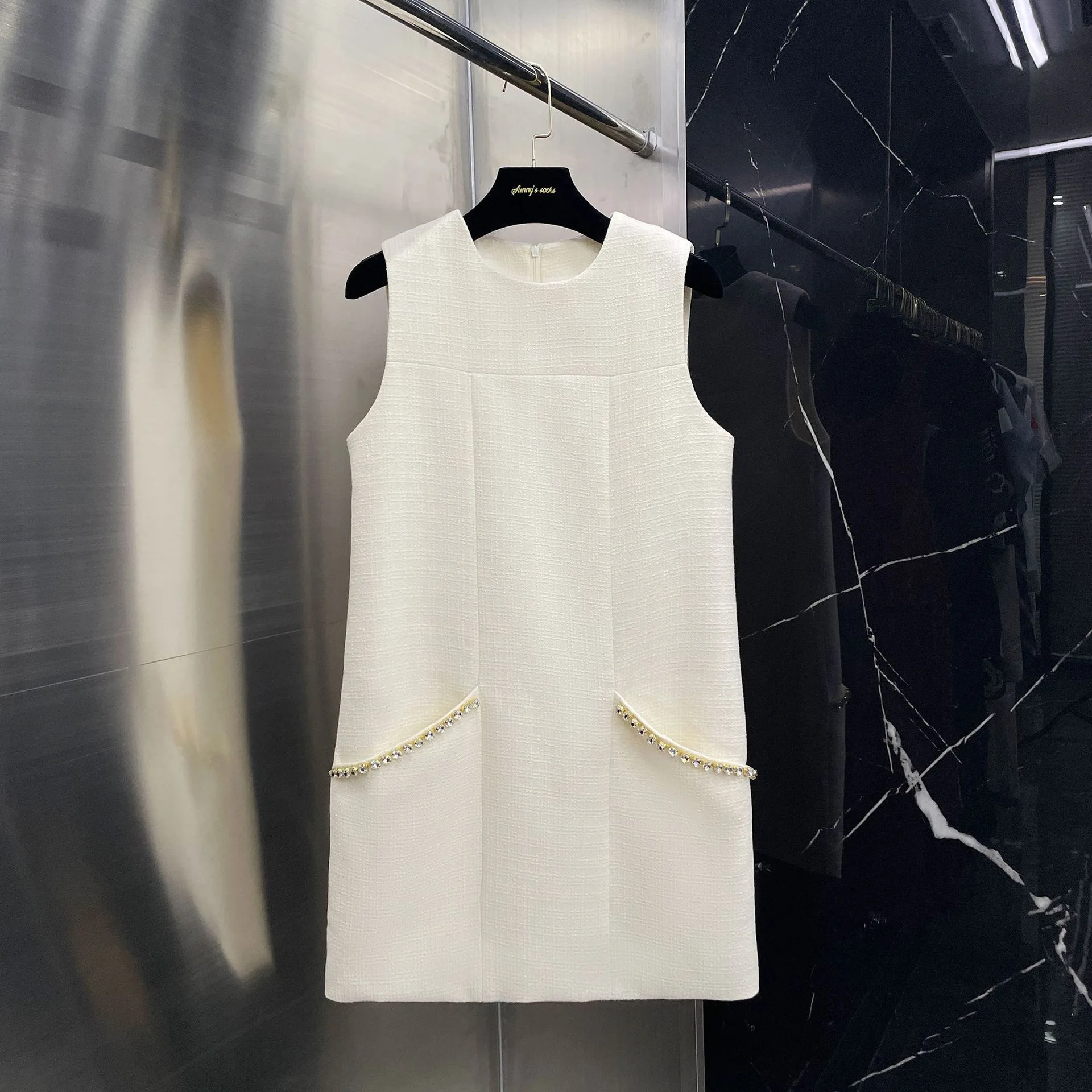 

Ele Early Autumn OL Commute Dr Vest Skirt Women's No Sve Thi Tweed ket Diamond Decorated Straight Tube Dr