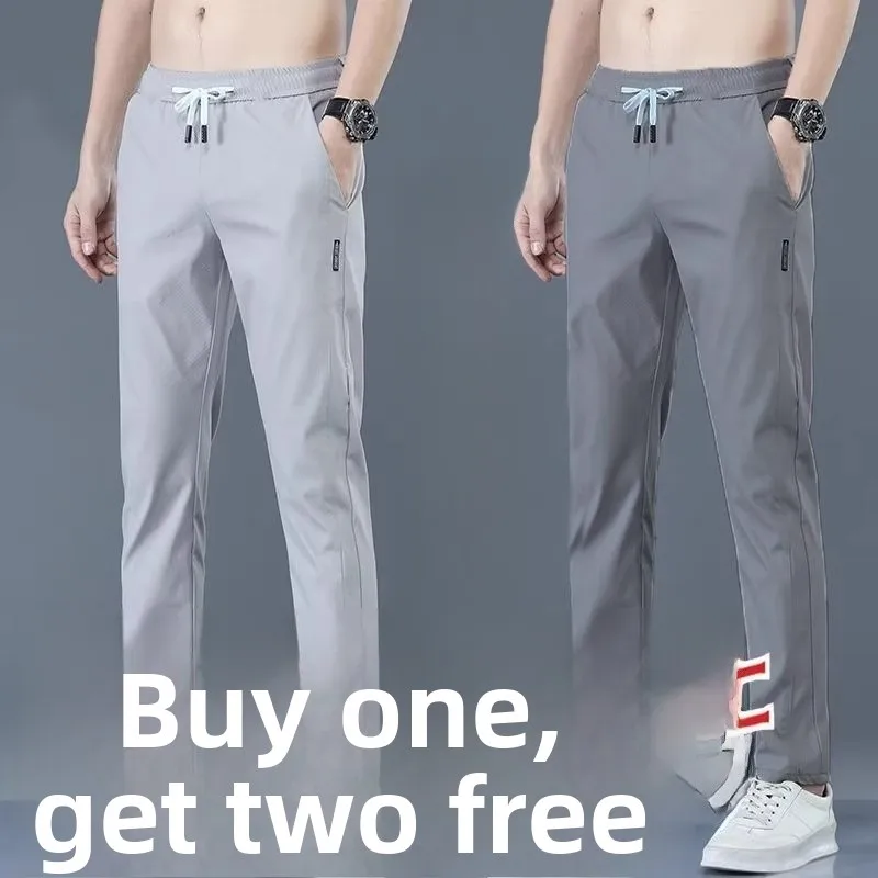 

Men's Summer New Elastic Waist Ice Silk Straight Leg Casual Pants Thin Spor Loose Fit mid Waist Trousers for Casual Wear