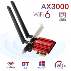 WiFi 6 3000Mbps PCI-E Bluetooth 5.2 Wireless Adapter AX200 Chip BT 5.2 Pci Express Network Card AX200 Antenne For Win 10 11