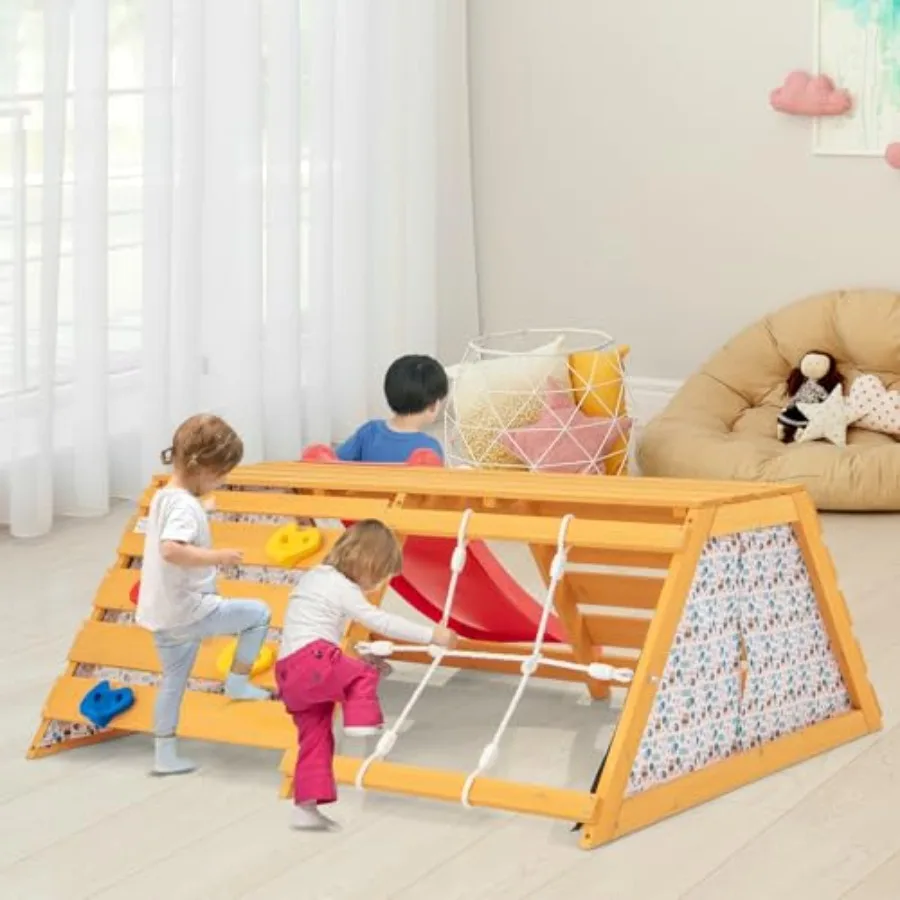 

5-in-1 Wooden Indoor Playground for Toddlers with Rock Climbing Wall Rope Wall Climber Removable Door Curtains Climbing Ladder