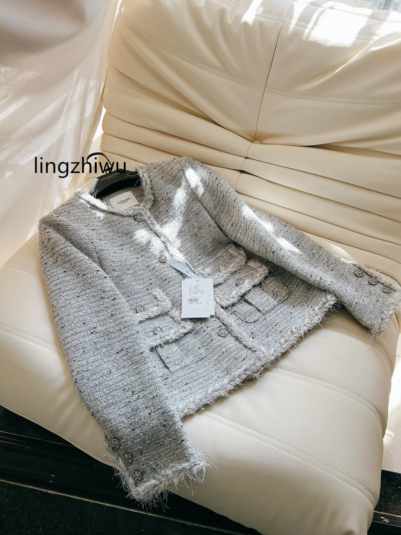 Lingzhiwu-tweed coat for women French vintage coat elegant gray outdoor clothing spring and autumn New Arrival