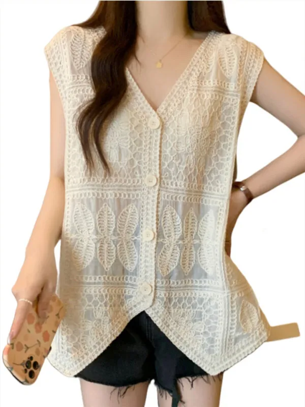 V-Neck Hollow out Hook Flower Tank Top Summer Women's plus Size Slimming Outerwear Loose Sleeveless Vest Women's Fashion
