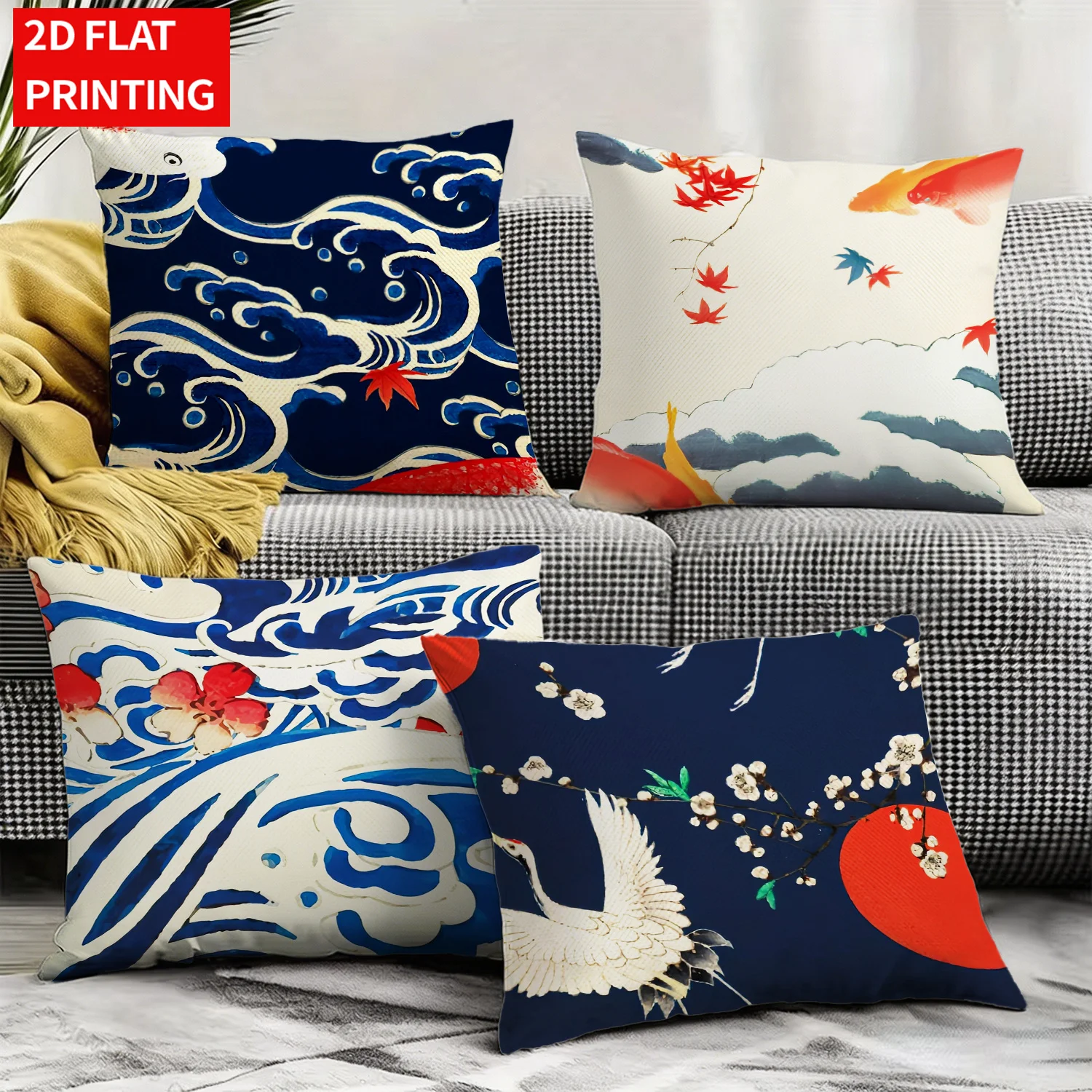 

4Pcs Japanese Ukiyo-e Throw Pillow Covers Wave Crane Plum Maple Print Cushion Cases for Sofa Living Room Bedroom Decor