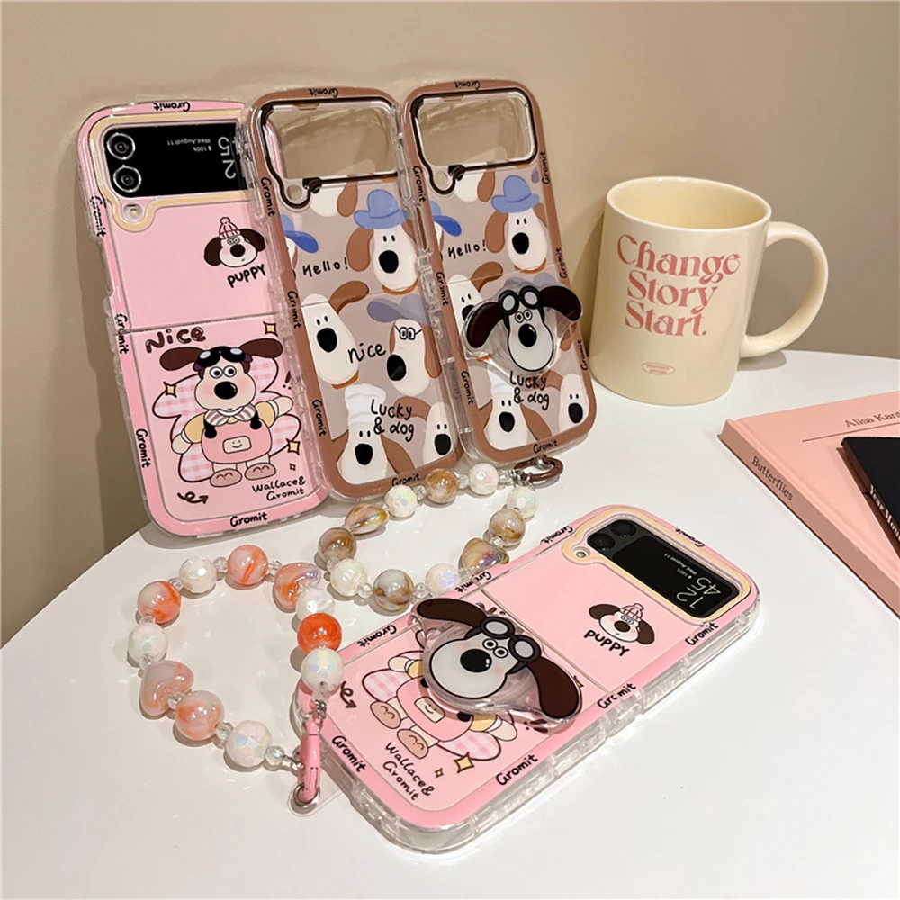 Cute Gromits Bring Support with Bracelet Phone Case for Samsung Galaxy Z Flip 3 4 Z Flip 5 6 5G PC Hard Anti-drop Back Cover