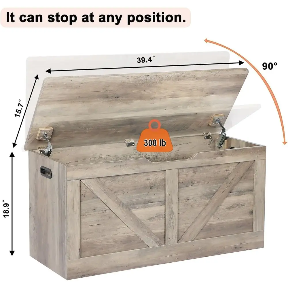 Großer Aufbewahrungsbehälter aus Holz mit 2 Sicherheitsscharnieren, graue Schuhbank im Eingangsbereich für Wohnzimmer und Schlafzimmer