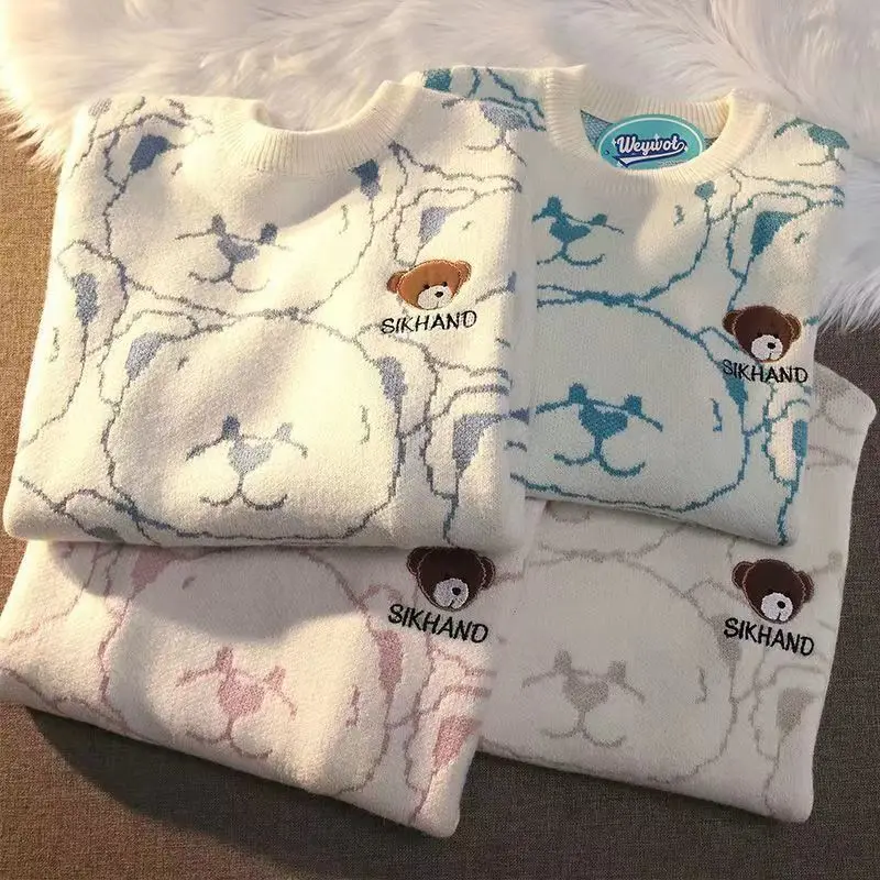 Suéter con bordado de oso de Anime Kawaii para mujer, ropa de punto suelta informal para pareja, Tops Yk2, ropa de calle Hip Hop, otoño e invierno, Y2k