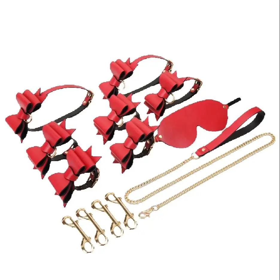 Leather BDSM Kits Bondage Sex Toys for Couples Bow Tie Handcuff Ankle Cuffs Collar Bowknot Restraints Set Adult Games S3055
