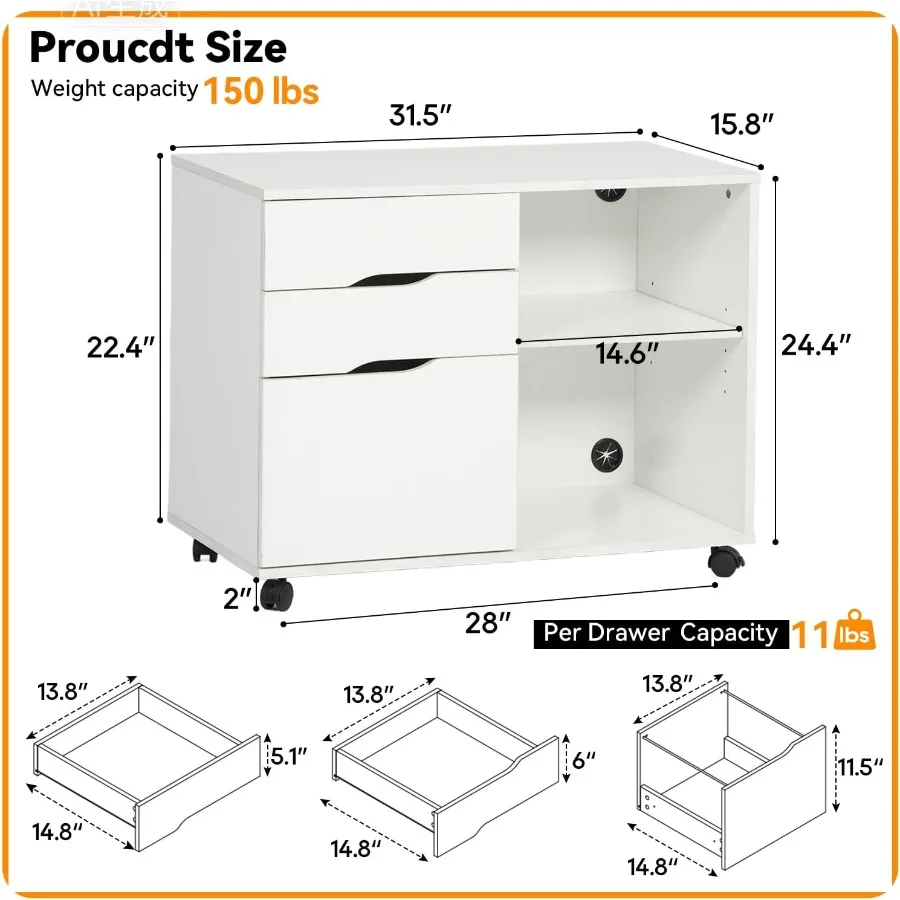 خزانة ملفات قابلة للسحب بثلاثة أدراج مع أرفف مفتوحة؛ يمكن استخدامها كرف طابعة مكتبي وتخزين تحت المكتب؛ أبيض. #3