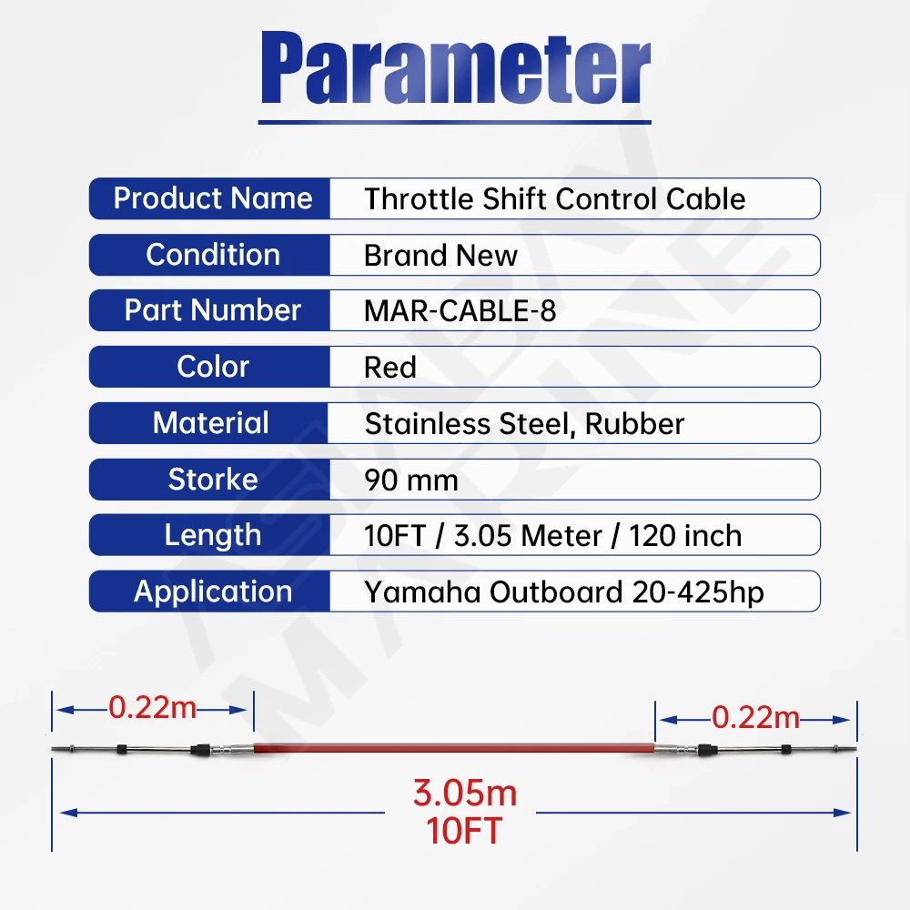 10ft Throttle Shift Remote Control Cable for Yamaha Outboard Stainless Steel Marine Boat Cable Engine Part Control wire 305cm