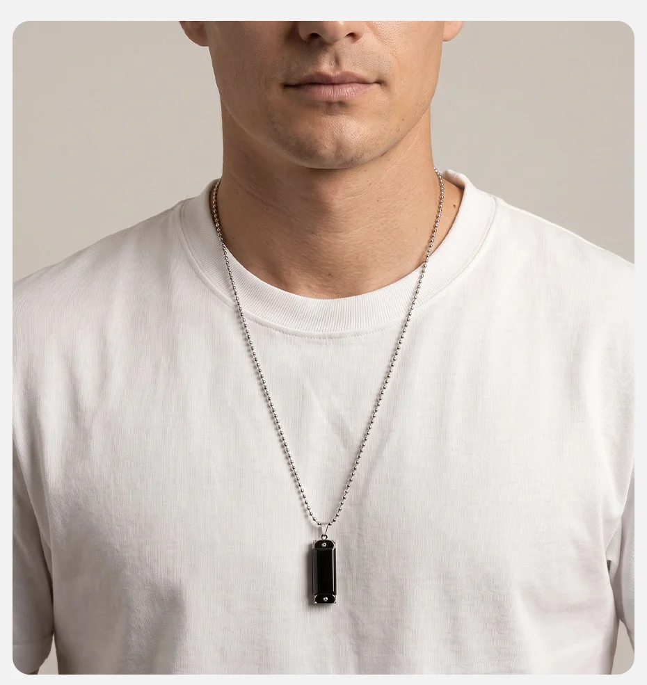 Vnox Herren Mundharmonika Anhänger Halskette, Edelstahl Perlenkette Rechteckiger Legierungsanhänger Schwarz Punk Alltagsschmuck Geschenk für Ihn – Detail 2