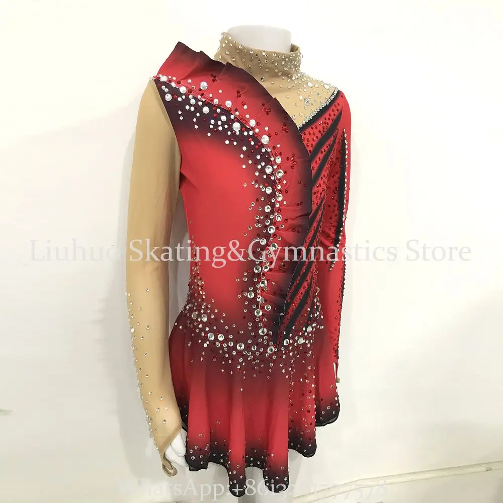 LIUHUO Girls Women Ice Figure Skating Dress Red Spandex Straps Competition Teens Skating Dress Performance Wear