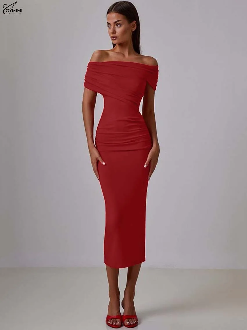 

Oymimi Fashion Red Slim Womens Dresses Elegant Strapless Open Back Solid Dresses Casual Sheath Mid-Calf Dress Female Clothing