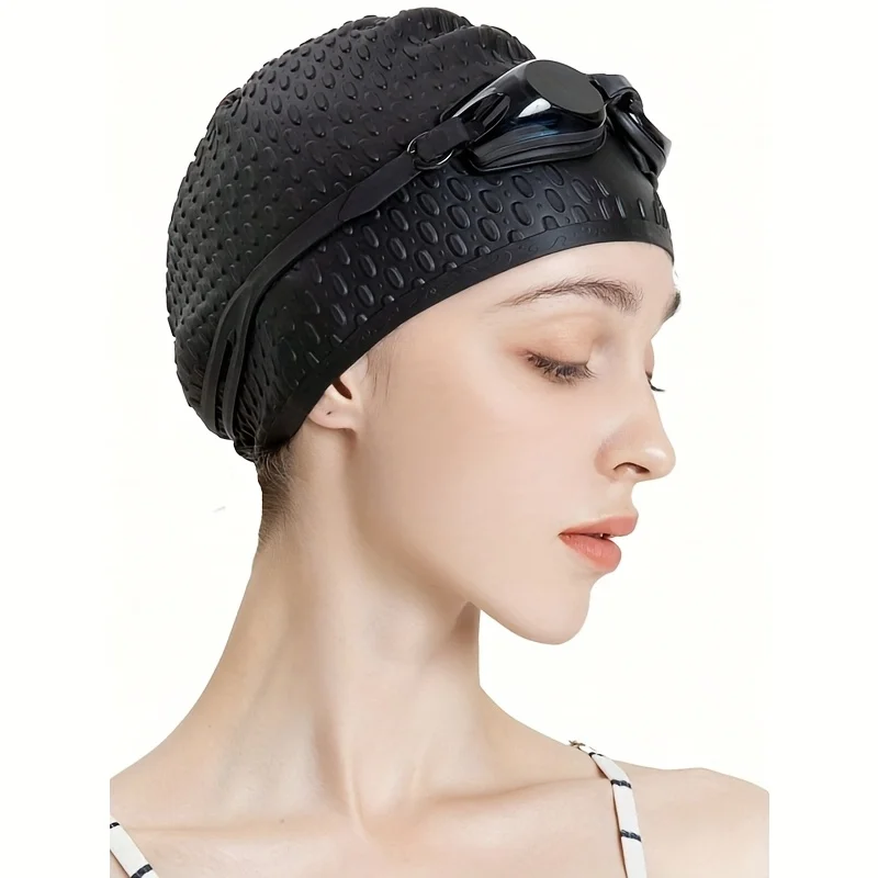 1 Stück Modische Badekappe für langes lockiges Haar, wasserdichtes Silikon mit Tropfenmuster, Unisex für Pool und Strand – Detail 5