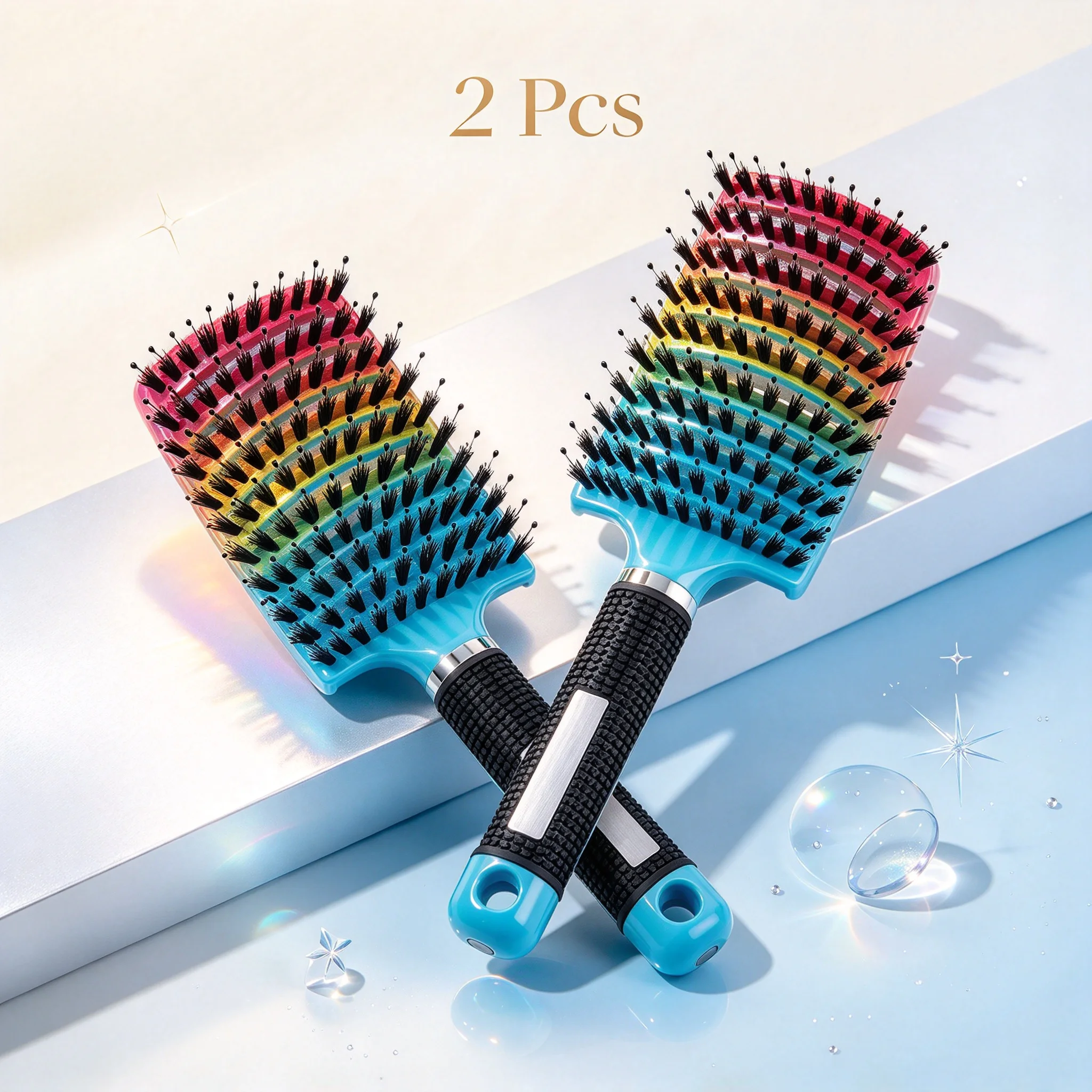 2Pcs Rainbow Bristle Curved Hollow Out Hair Brush Set Non Slip Handle Scalp Massage Detangling Comb For Curly Hair Salon Home Travel