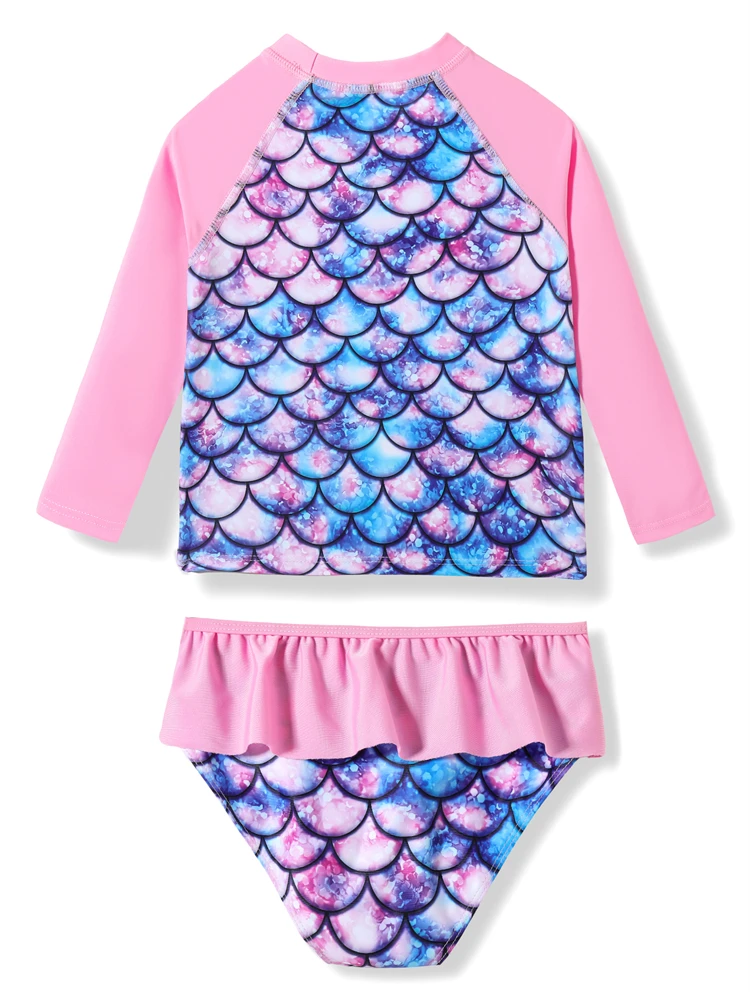 Girls Kids Swimsuit 2025 New Fish scale pattern Long Sleeves Children Swimwear Summer 2 Piece Shorts Beach Bathing Suit Swimming