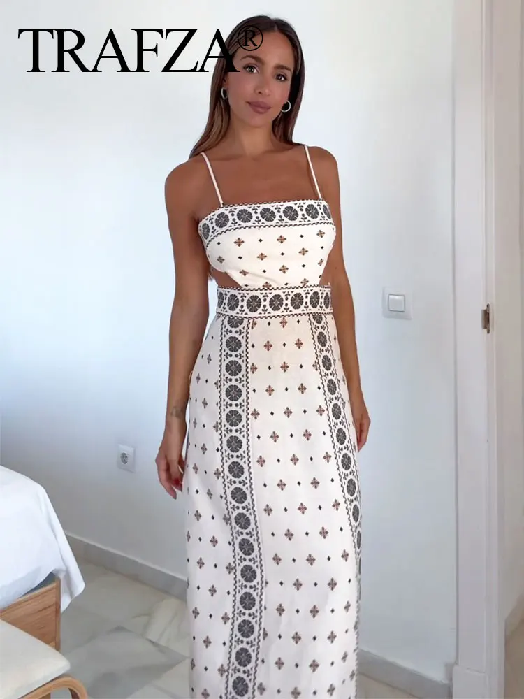 TRAFZA Women 2024 Spring Summer New Fashion Print Dress Opening Design Sling Dress Backless Back Zipper Slim Long Dress Vestido