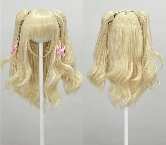 D03-C019 Children Handmade Toy 1/3 1/4 1/6 MD Doll BJD/SD Doll's Accessories Mixed Pink White Color Pink Bow Braid Wig 1pcs