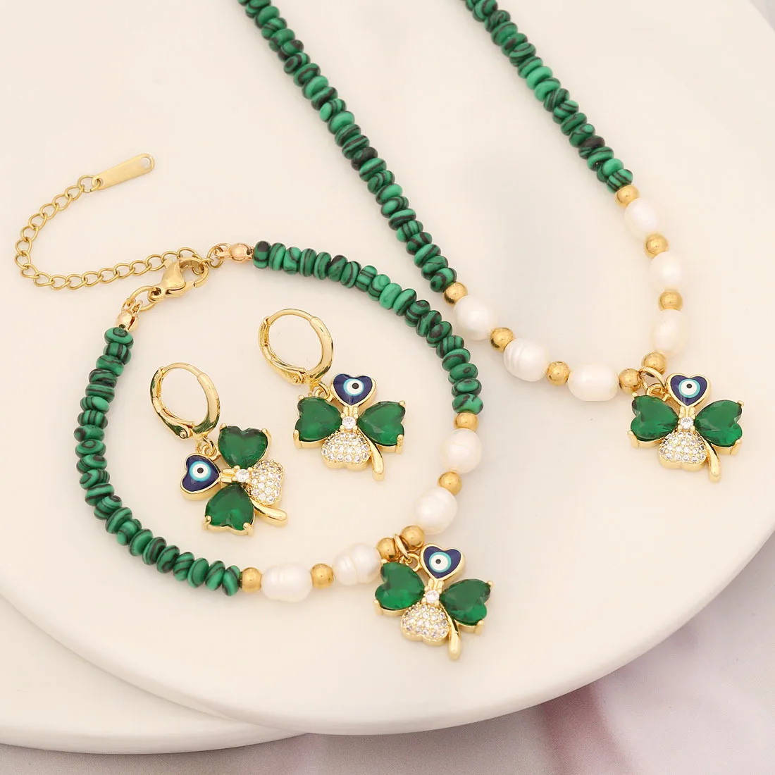 Golden Natural Stone Pearl Pendant Necklace Bracelet Earrings Set Women Malachite Fashion Design Fine Jewellery