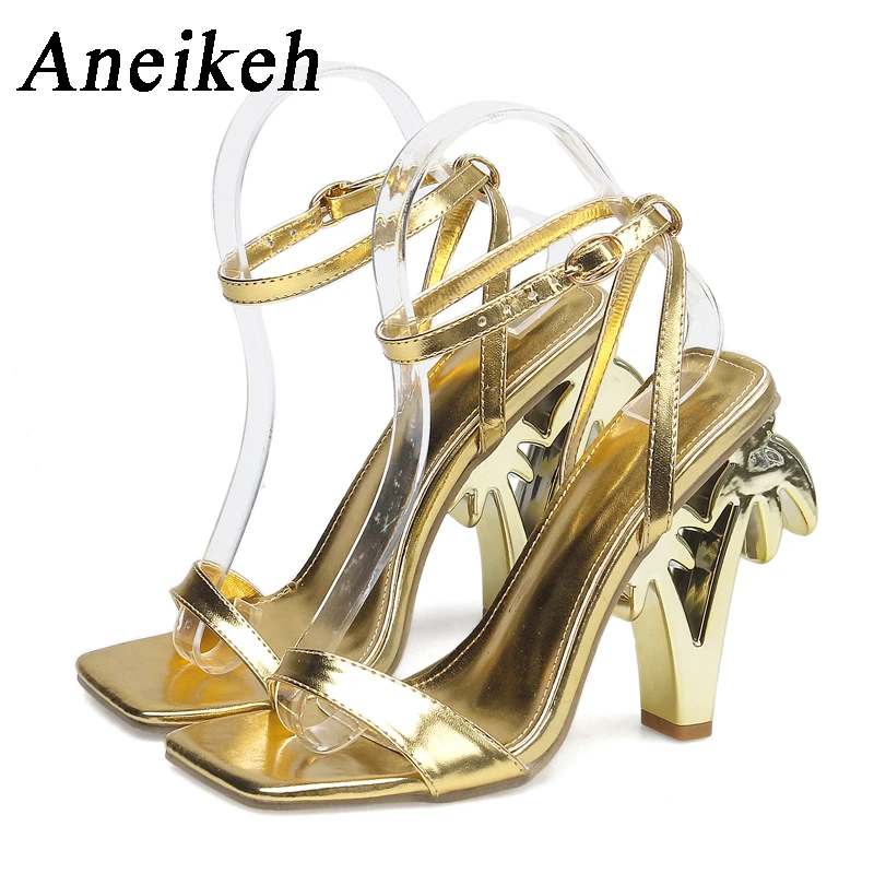 Aneikeh Sexy Green Ankle Strap Sandals Women Summer Square Toe Strange Fretwork Heels Ladies Party Dress Shoe Sandalias Mujer