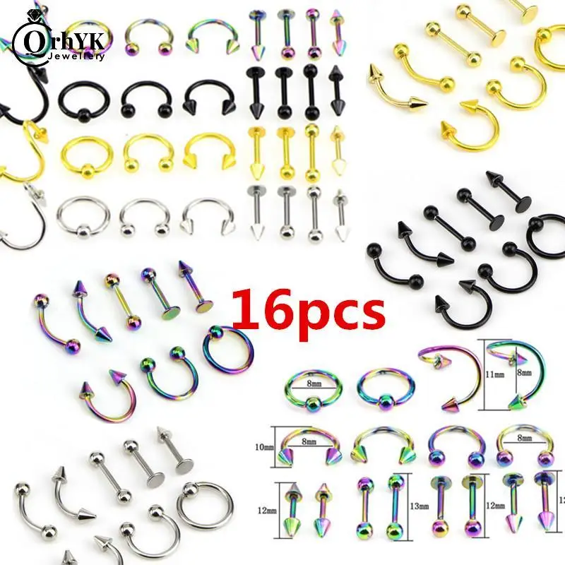 8/16PCS  Stainless Steel Fashion 16G Titanium Anodized Body Jewelry Helix Piercing Ear Eyebrow Nose Lip Captive Rings